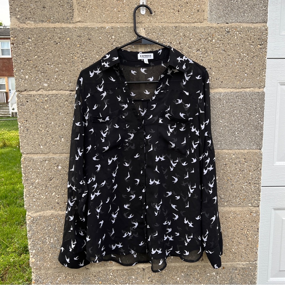 Express Portofino Shirt Blouse Birds Black Sheer Long Sleeve Roll Tab Size M